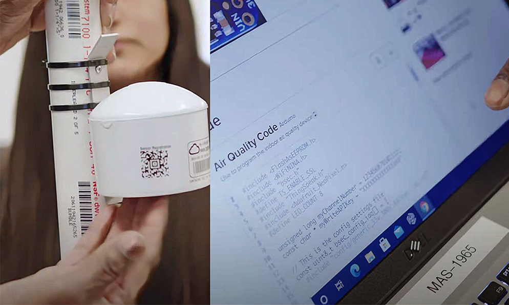 Two images. One showing an air quality sensor and the other showing the air quality code on a laptop.