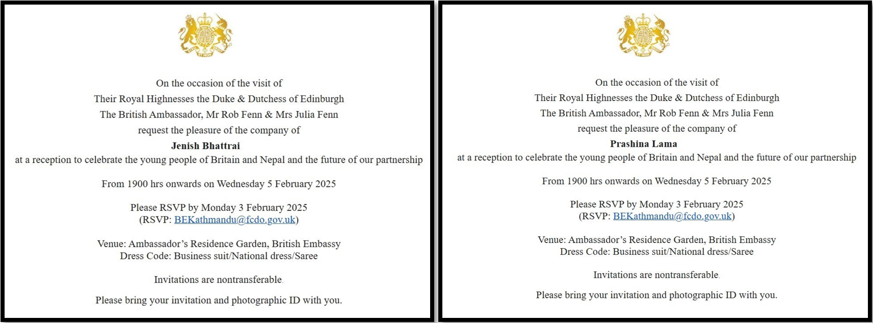 Invites to The Duke of Edinburgh's International Award Nepal reception.