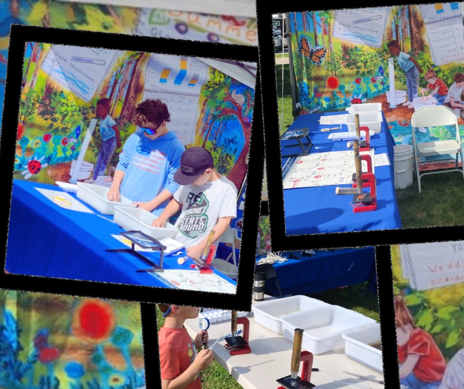a collage of photos shows students exploring macroinvertebrates in dish pans and with microscopes with a tent with panels depicting a river ecosystem and student field work in the background