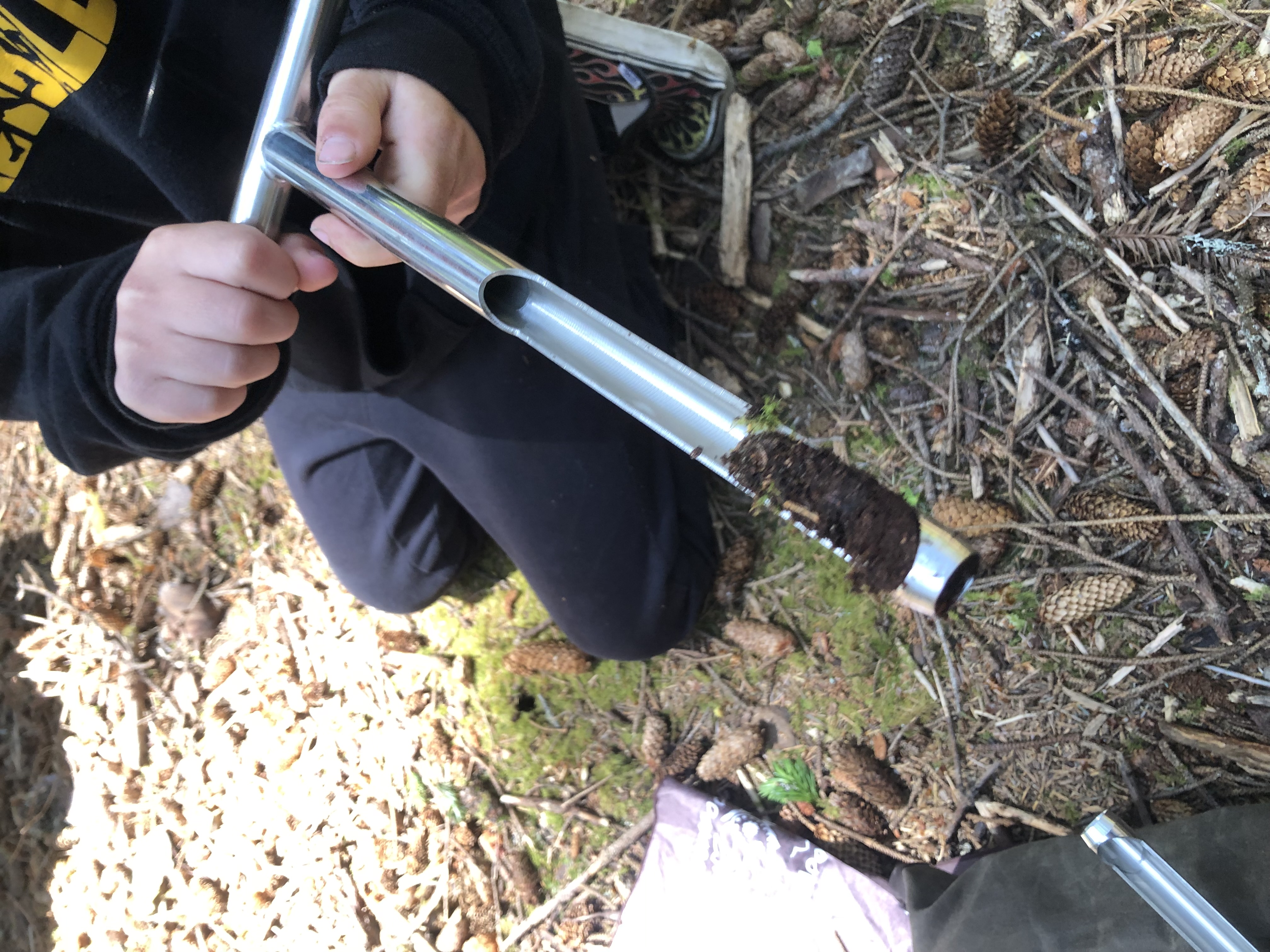 a camper holds up a soil auger with a dark brown soil sample