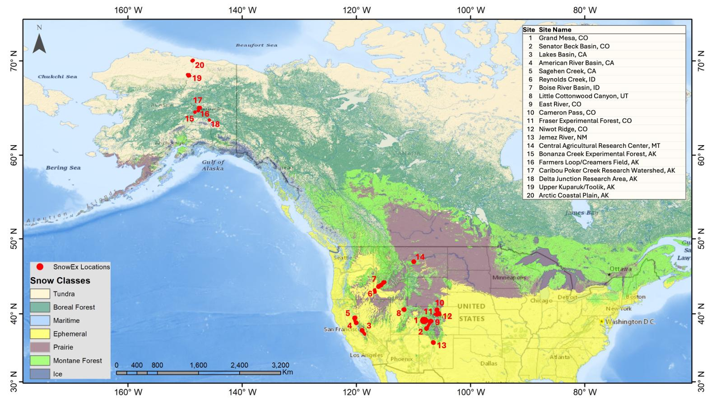 A map of the United States and Canada. Red dots in Alaska, Idaho, Montana, California, Wyoming, Utah, and New Mexico show the locations of NASA SnowEx field campaign sites. Colors on the map indicate different types of snow cover classes including tundra in the far north, boreal forest in much of Alaska and Canada, montane forest in the Rocky Mountains and across southern Canada, maritime along the Pacific coast of Canada and Alaska, ephemeral in most of the United States, prairie in the upper midwestern United States and southern Canada, and ice in mountain areas of Alaska and western Canada and the Aleutian Islands. 