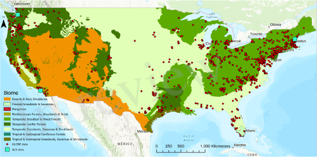A map of the contiguous United States showing nine different types of ecosystems. Red dots on the map show the location of GLOBE Trees data. 