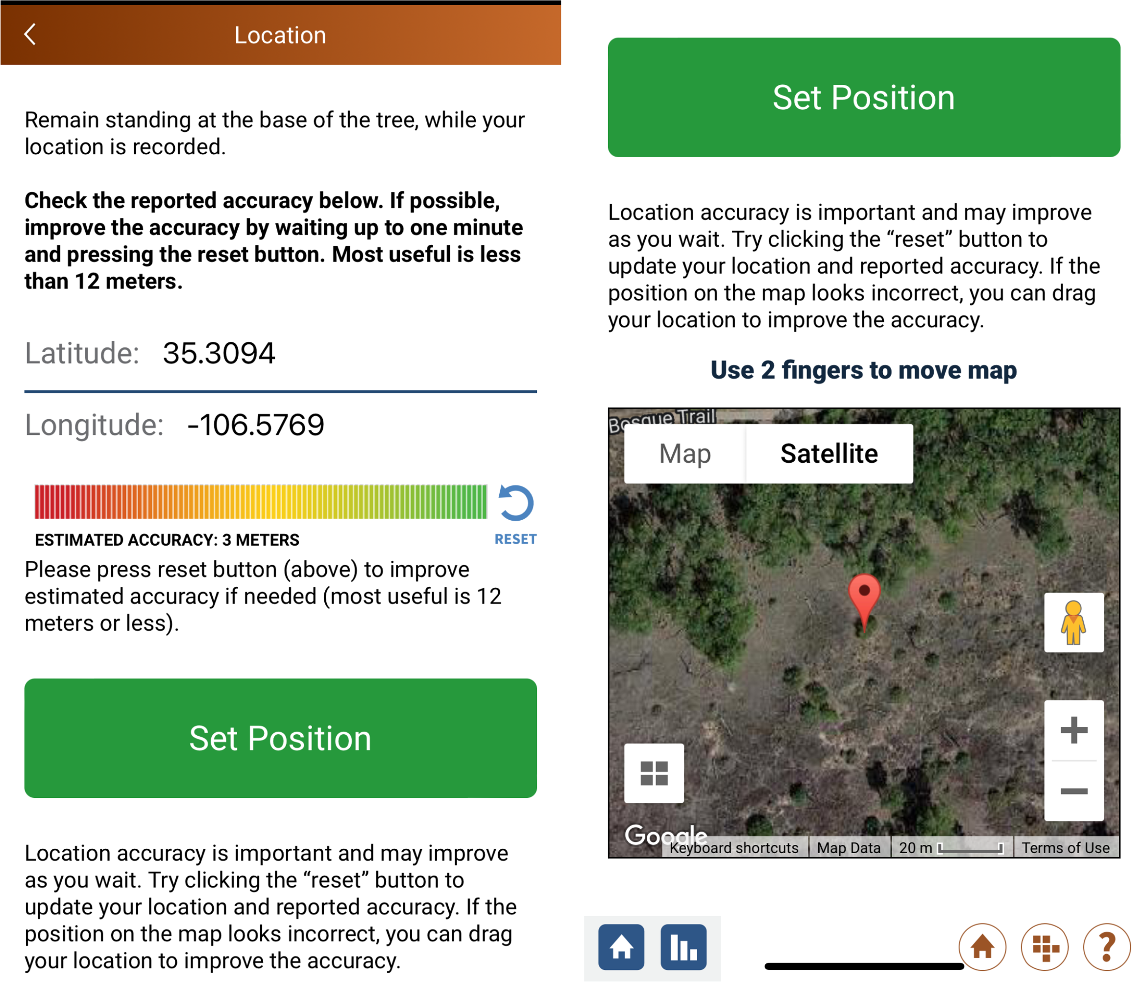 Screenshots of the GLOBE Observer Trees tool location screen. The left screenshot shows the top of the screen indicating location accuracy. The right screenshot shows the lower half of the screen, which shows the location on a map. 