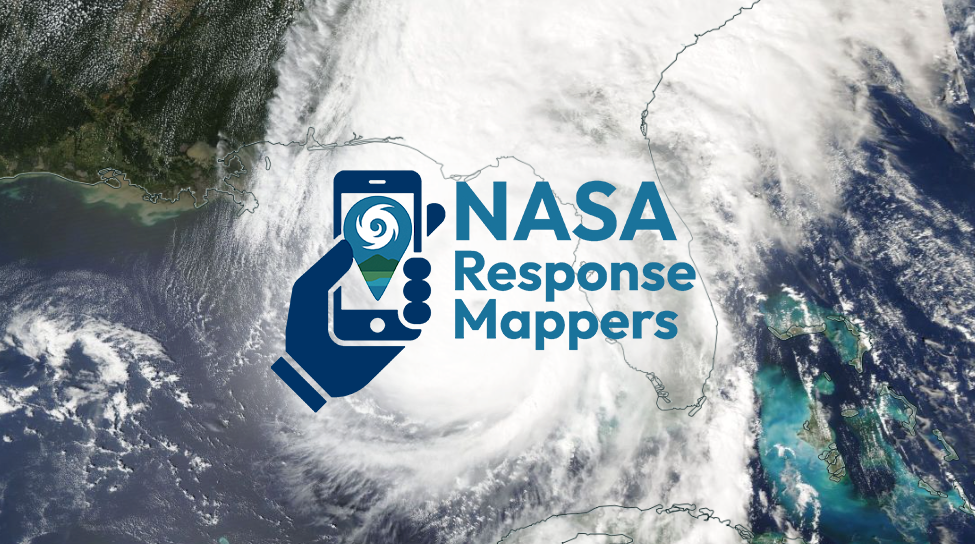 An outline of a hand holding a phone and the text NASA Response Mappers against the background image of a hurricane from space.