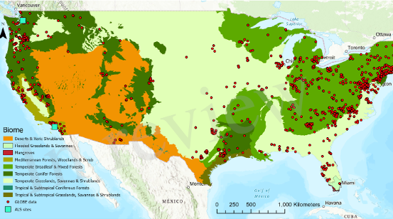 A map of the contiguous United States showing nine different types of ecosystems. Red dots on the map show the location of GLOBE Trees data.