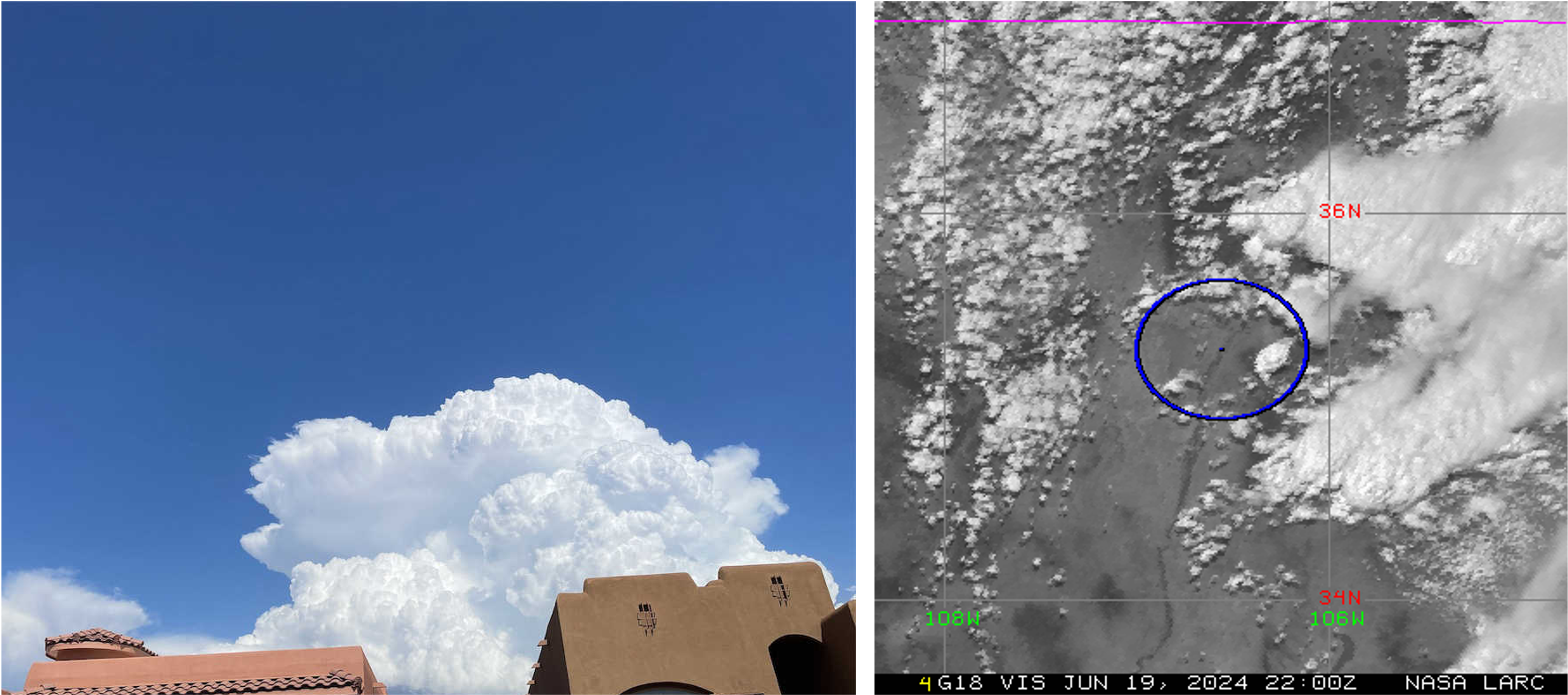 On the left is a photo of a towering cumulus cloud over a southwestern-style house. On the right is a satellite view of clouds from the same time. The large, puffy cloud is shown in the satellite image. 