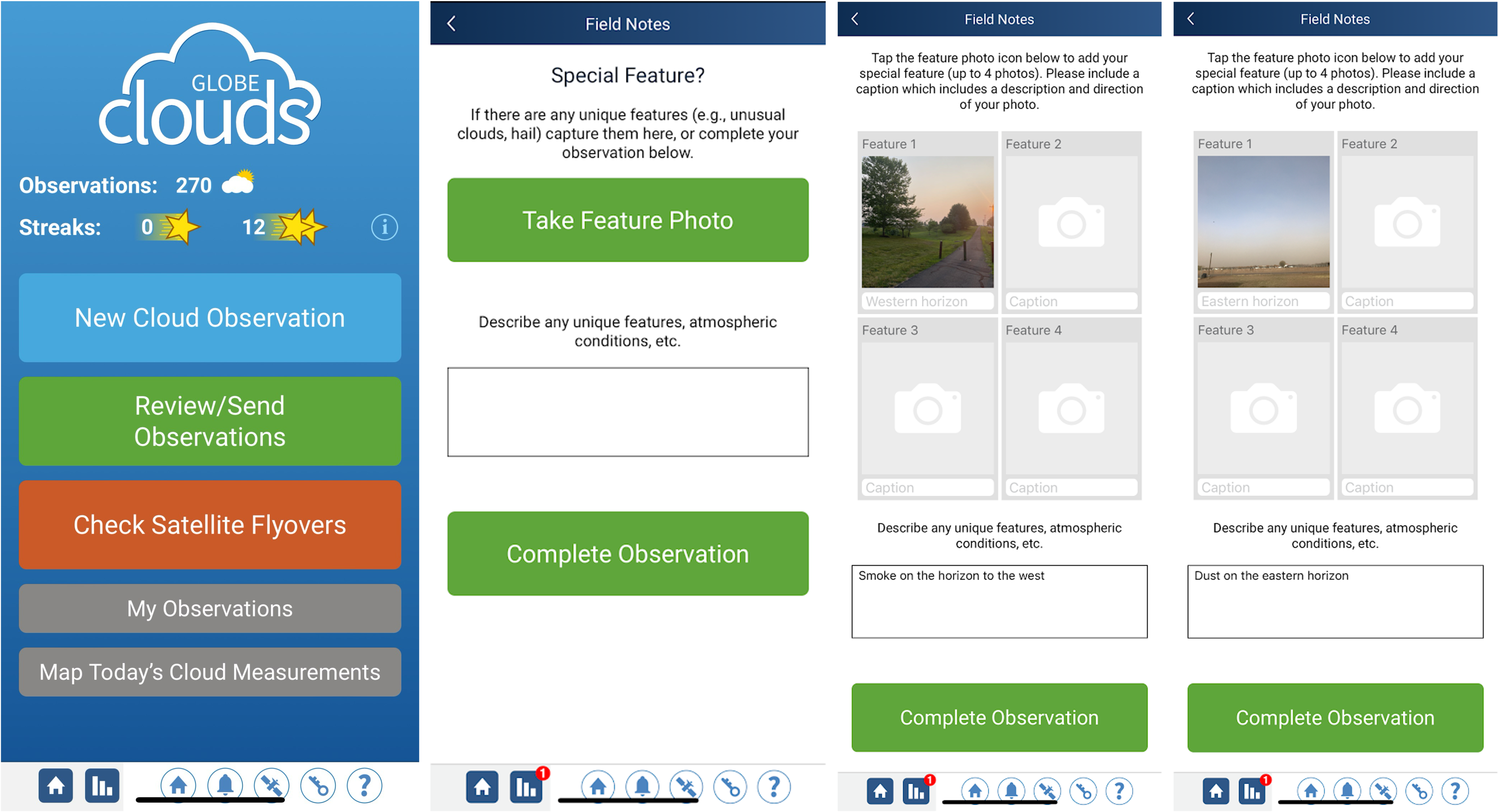 Four screenshots of the GLOBE Observer app. The first shows the landing screen for the Clouds tool. The second shows the new option to take feature photos in the Clouds tool. The third screen shows a special feature photo of wildfire smoke, and the fourth shows a dust storm being entered as a special feature photo. 