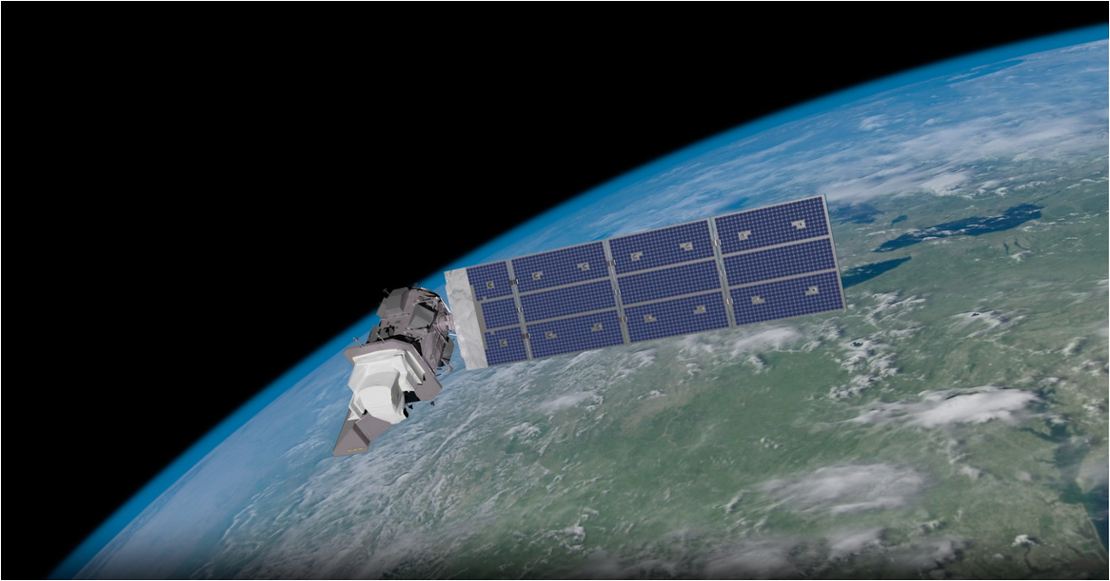 An artist's conception of the Landsat 9 satellite orbiting Earth. 
