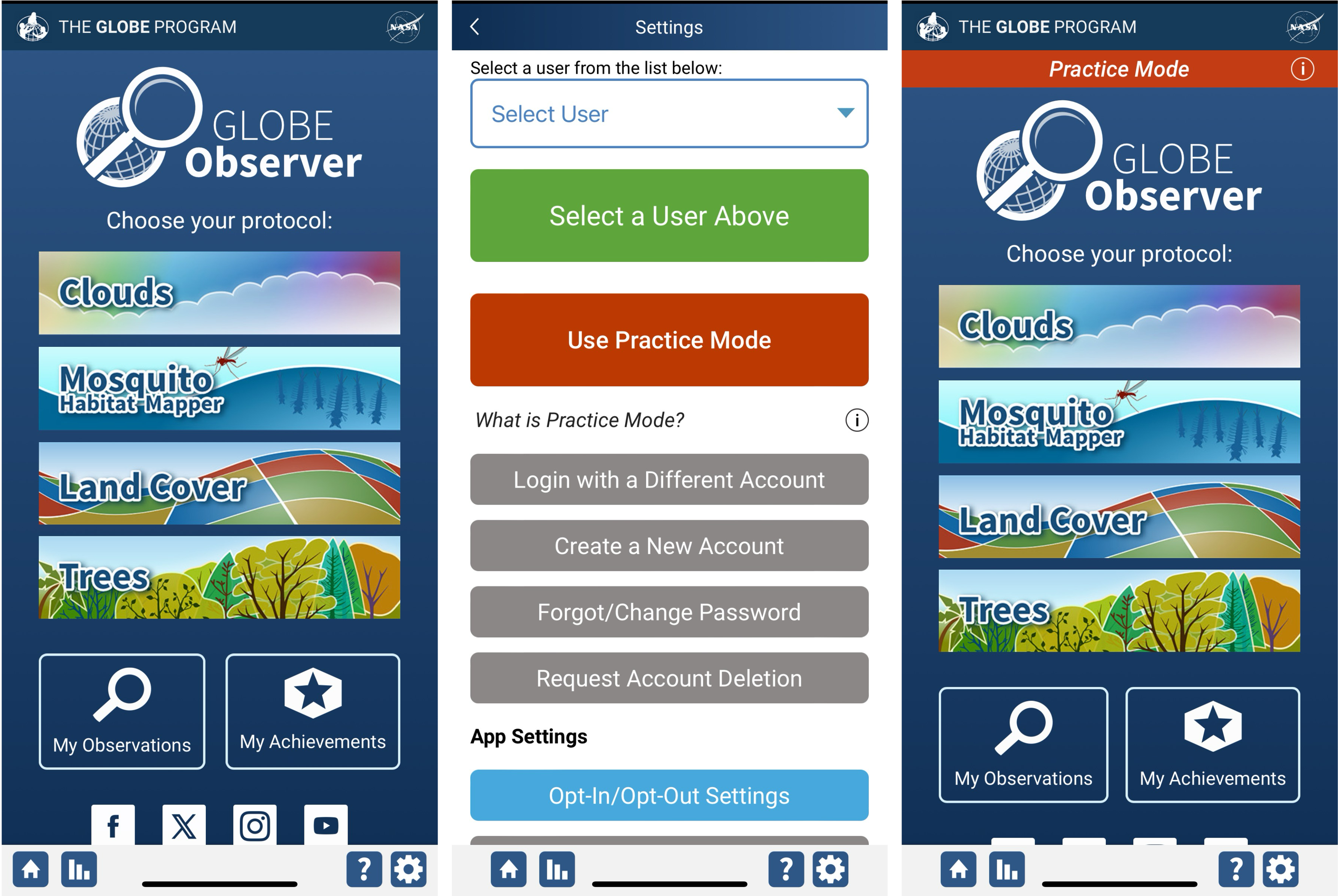 Three screenshots from the GLOBE Observer app. The first on the left shows the GLOBE Observer home screen. The center screenshot is of the settings screen, and the third shows the GLOBE Observer home screen in practice mode.